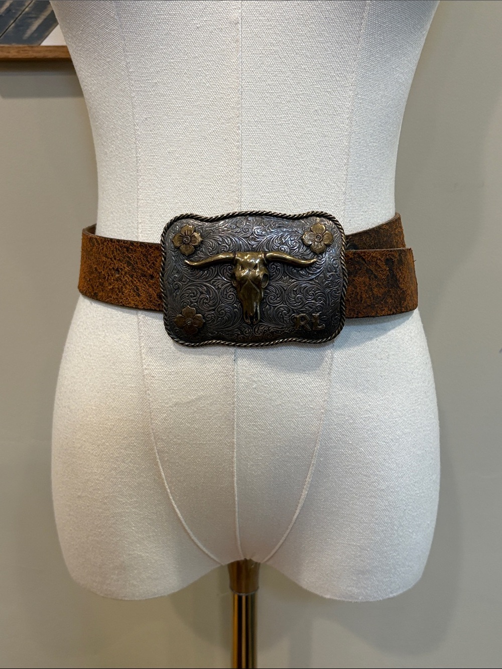 Ralph Lauren Collection Steer Head Rodeo Buckle Distressed Leather Belt Medium